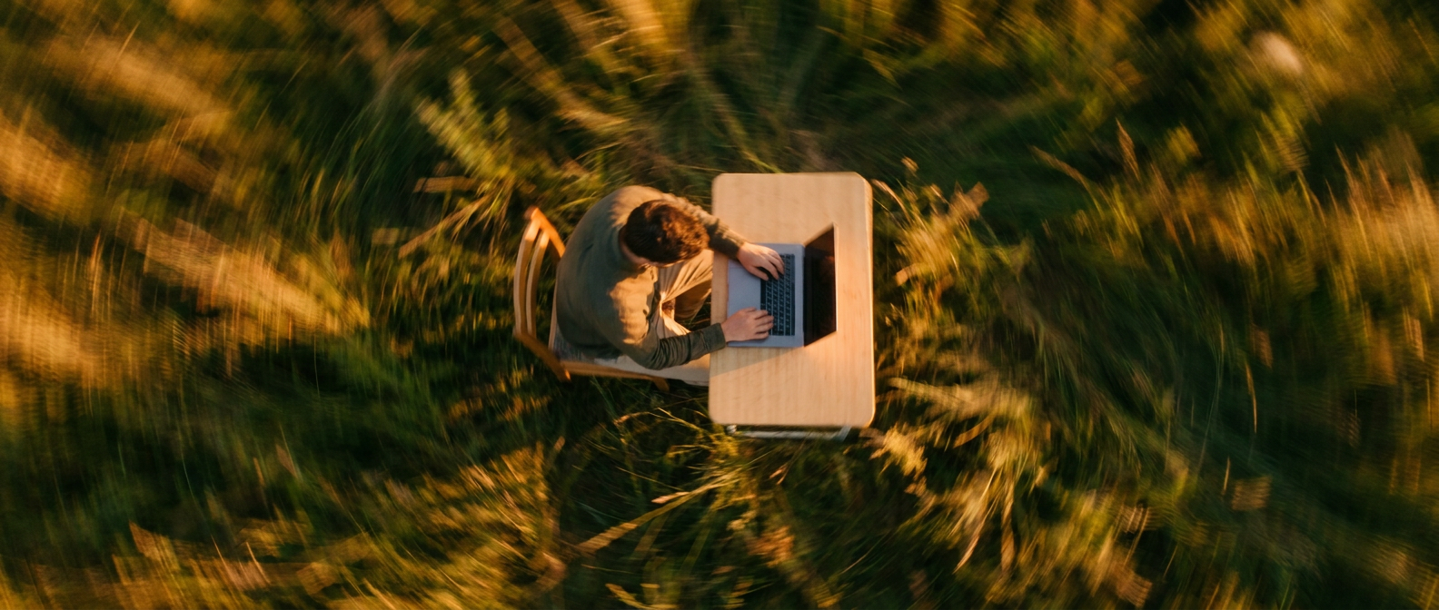 A workspace in an open field, seen from above
