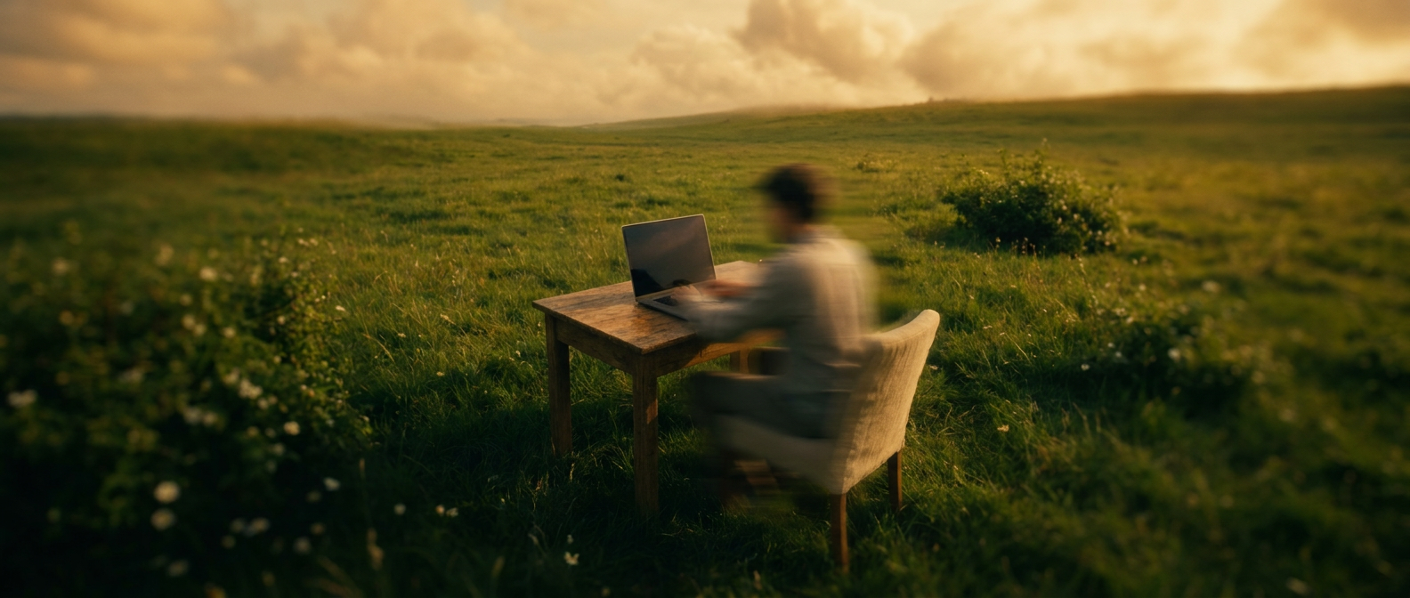 Working at a desk in an open golden field
