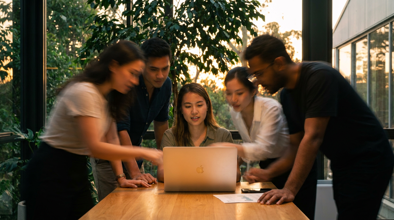 A team gathered around a laptop outdoors at sunset