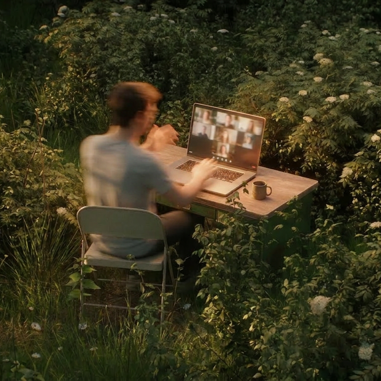 A laptop on an overgrown desk in a field